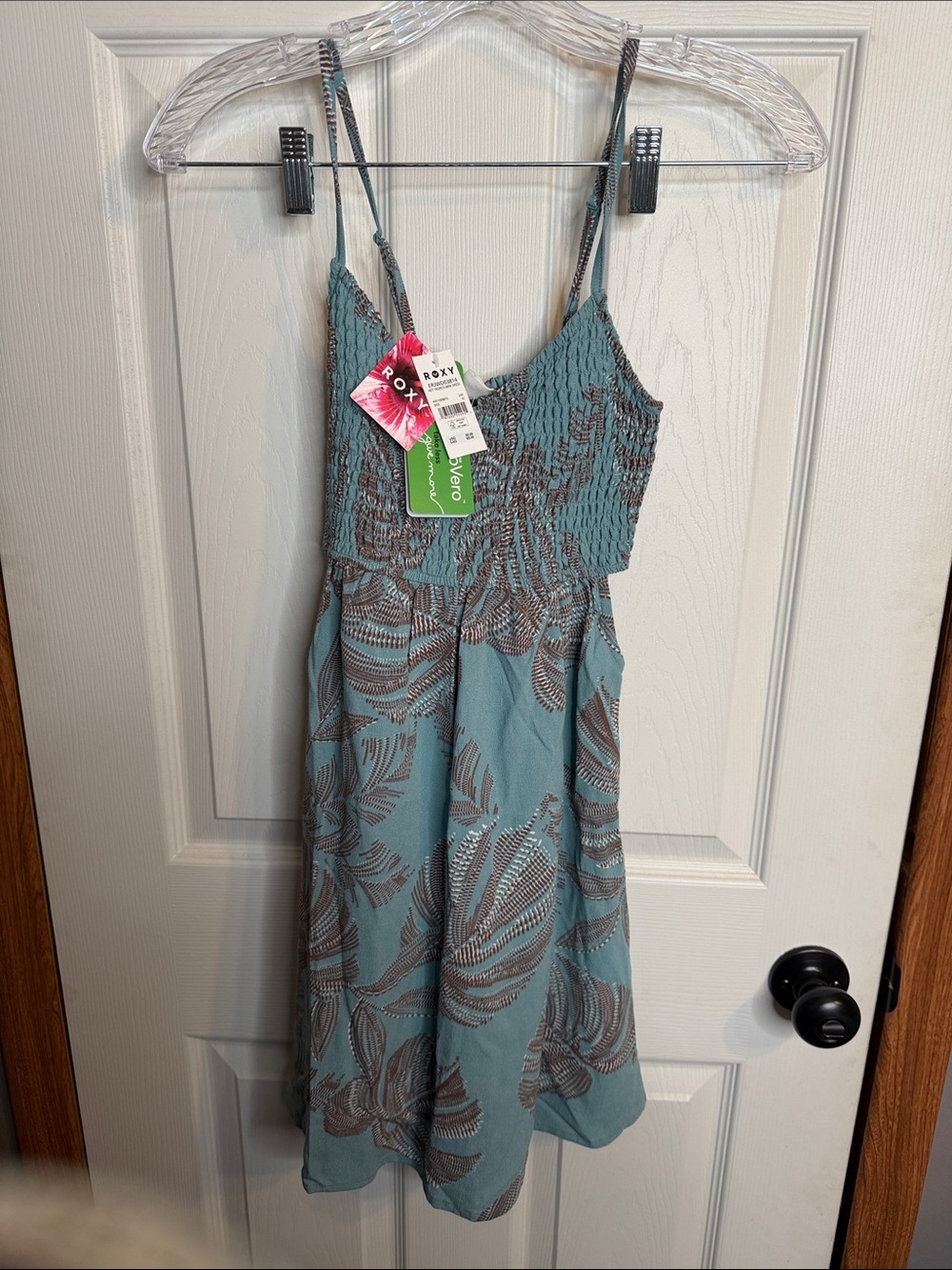 Roxy Teal and Brown Leaf-Print Sundress